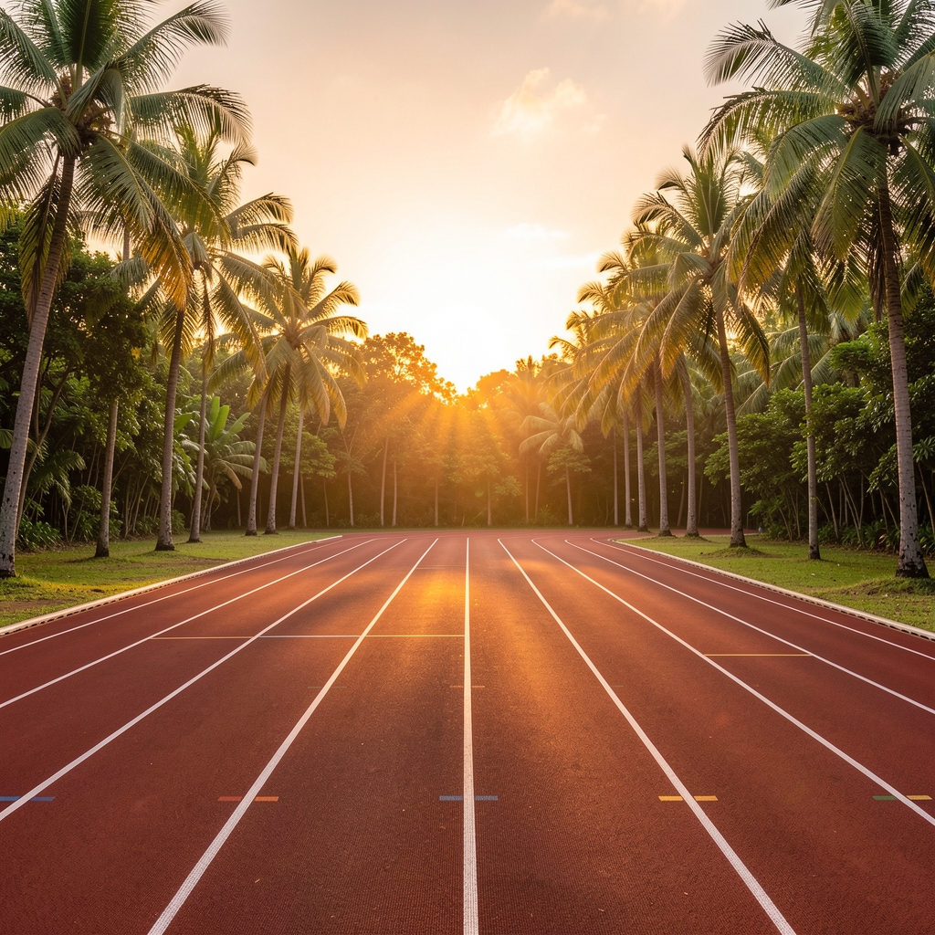 Sunrise over an open outdoor running track surrounded by tropical trees, empty lanes with lane markings visible in morning light