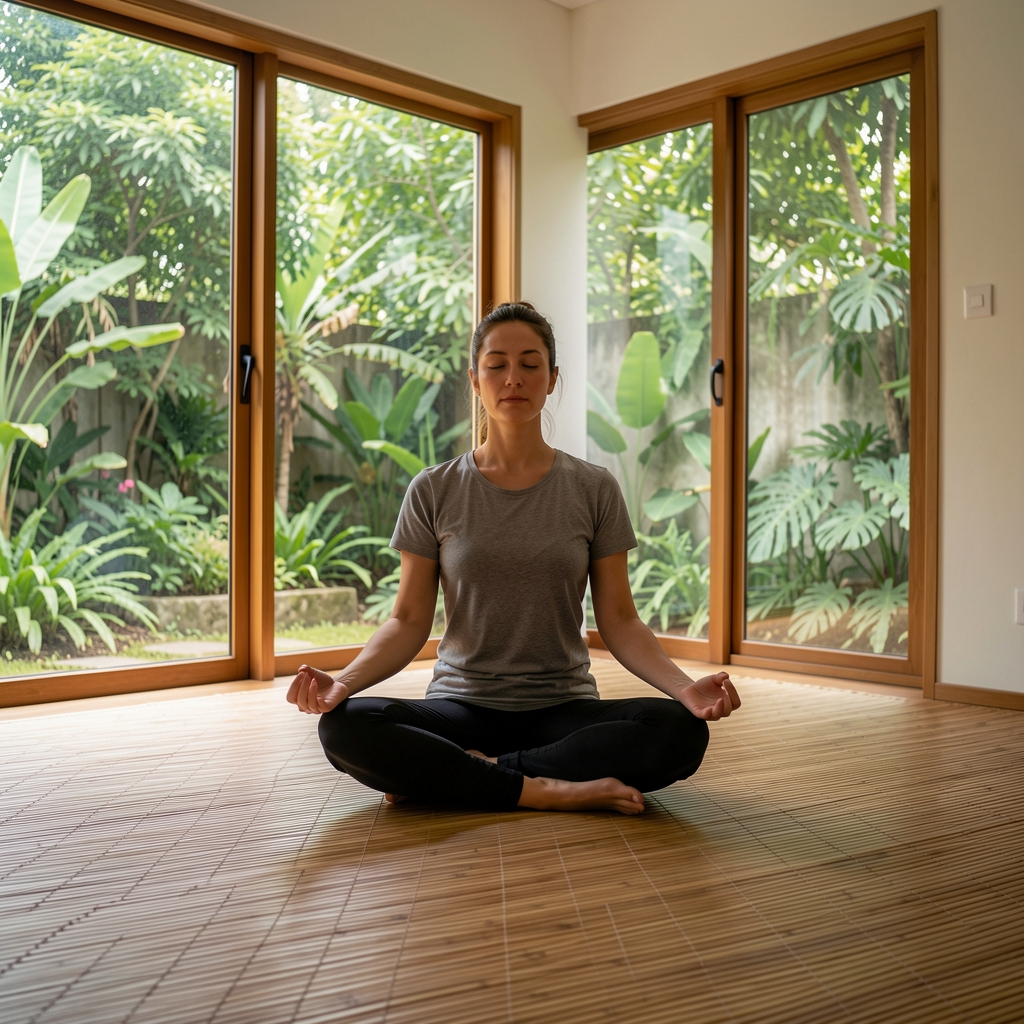 Calm indoor meditation and movement studio with bamboo mat flooring, large windows overlooking a garden with filtered green light
