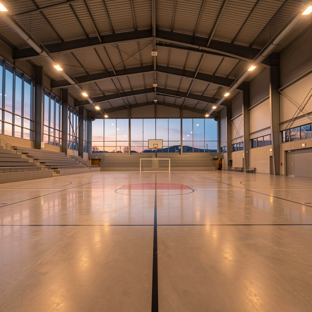 Wide panoramic view of an empty modern sports facility interior at dusk with ambient warm lighting reflecting on polished surfaces