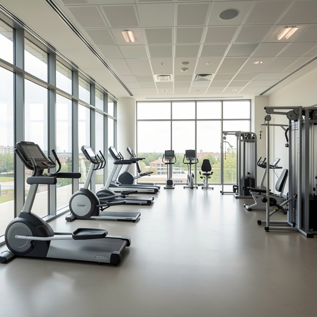 Modern light-filled fitness research facility with ergonomic equipment and large windows, no people present, scientific measuring tools visible